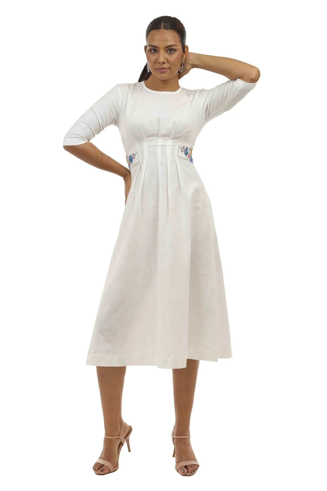White Linen A - Line Dress – Embroidered Summer Outfit